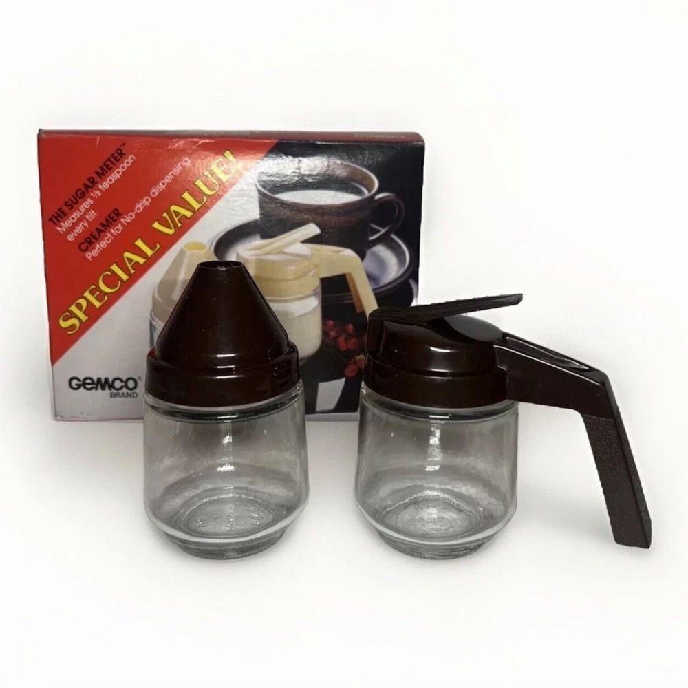 NIB NOS Vintage Glass GEMCO Sugar Shaker Creamer Dispenser Brown Original Box
